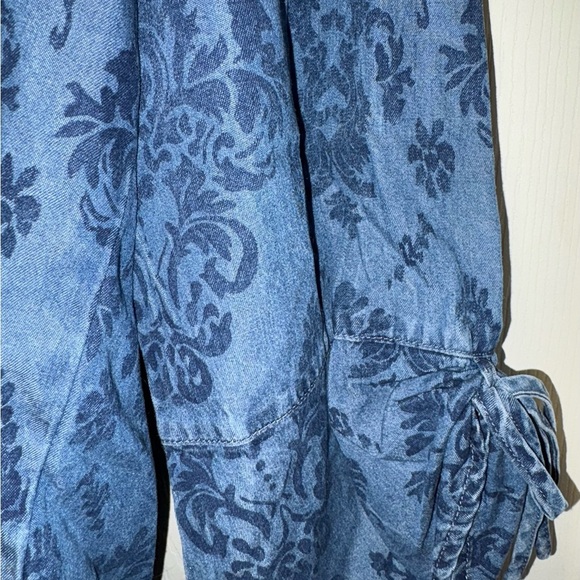 Damask Print Denim Button Down Shirt Roll Tab Long Sleeve - Picture 3 of 6